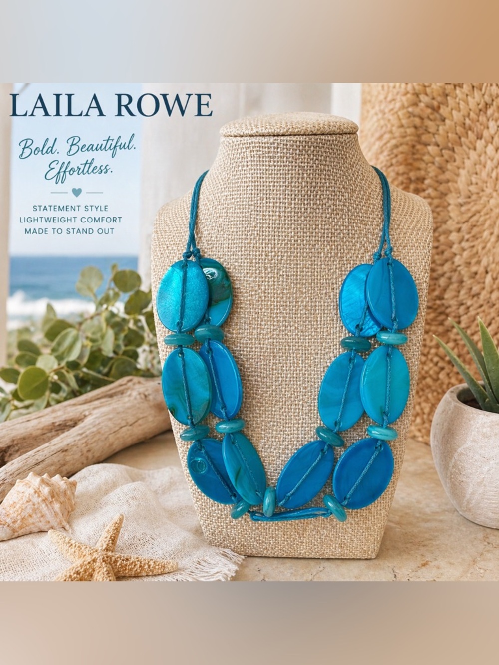 Laila Rowe Turquoise Blue Statement Necklace Boho Layered Disc Coastal